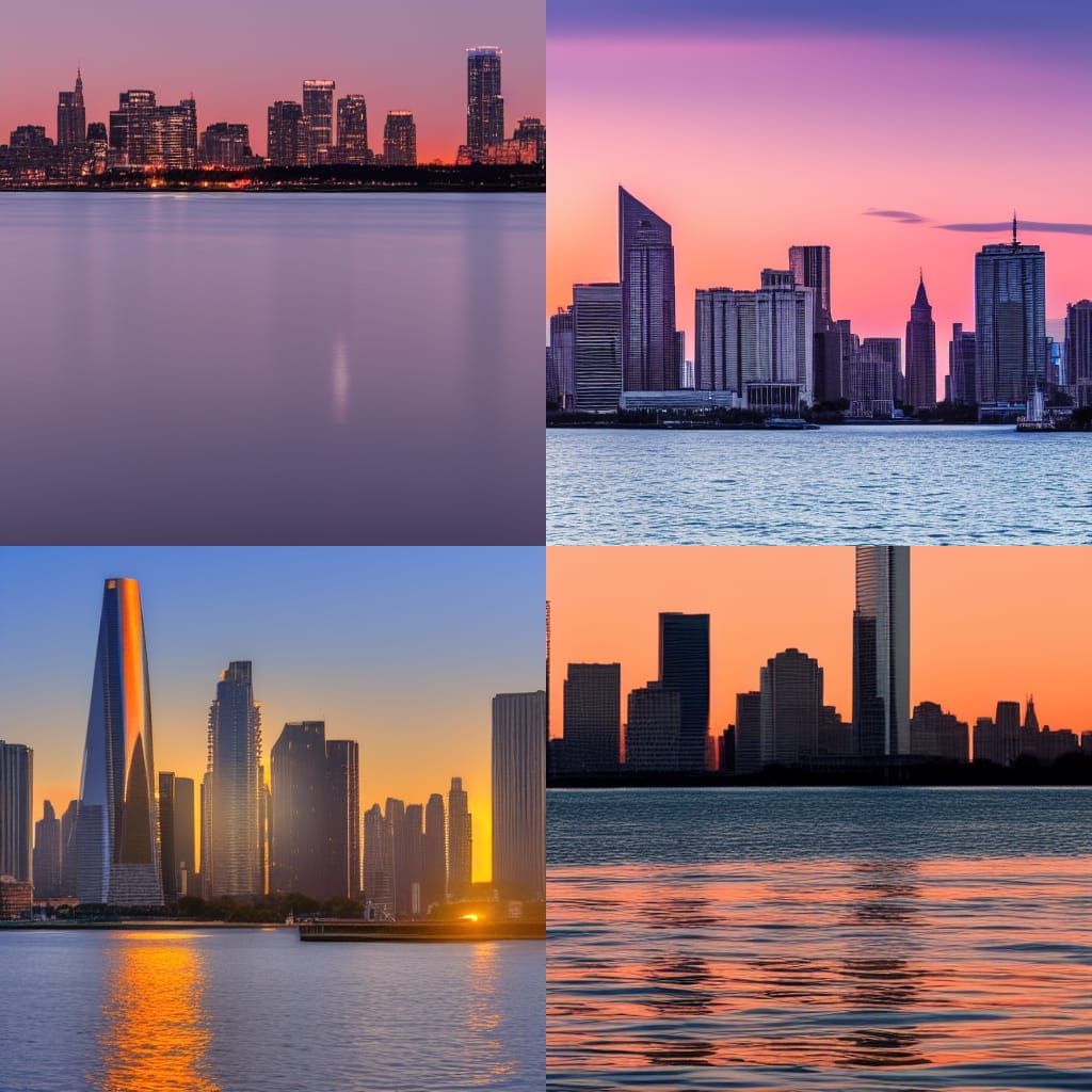 City skyline across the water at sunset