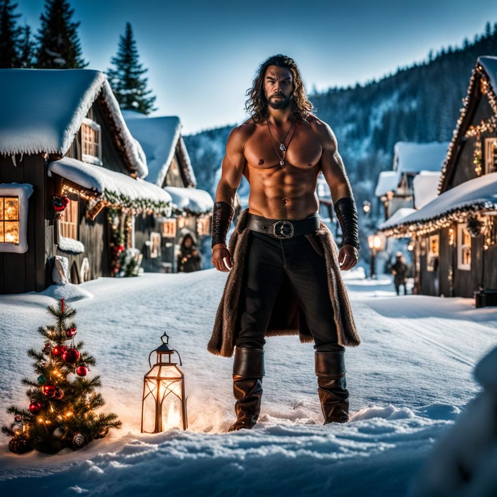 Shirtless Jason Momoa in a Christmas village