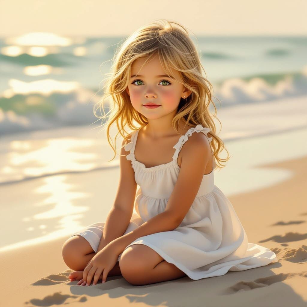 Young Girl on Seashore in White Dress, Golden Hour Light