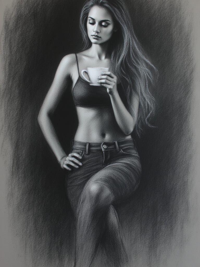 <lora:Neon Charcoal:1.0> neon charcoal, Female Half body length drinking coffee