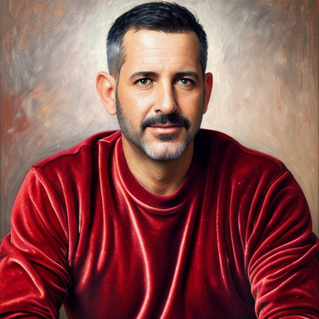 A bearded man wearing red velvet T-shirt