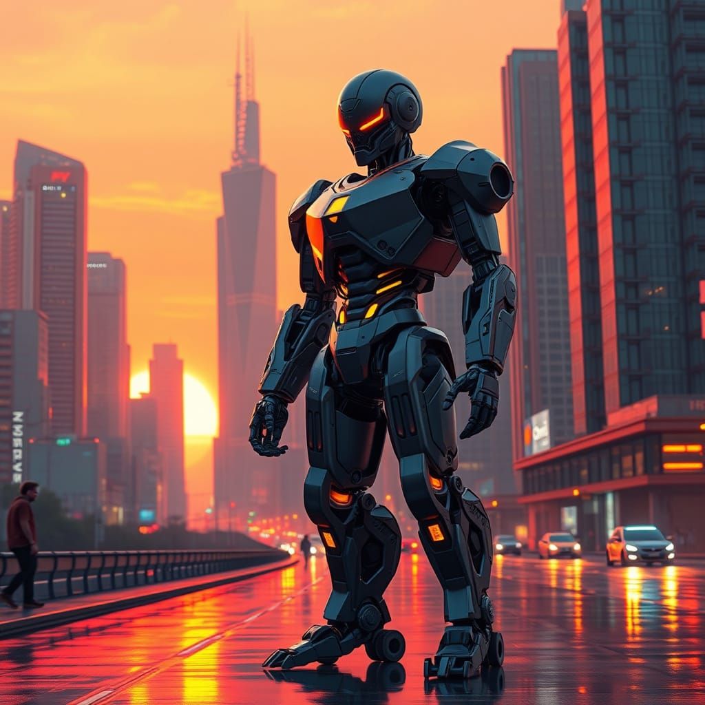 Sleek Robot Dominates Futuristic Cityscape at Sunset