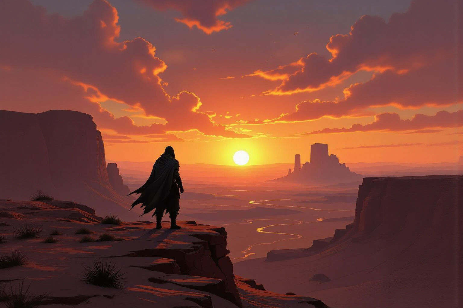 A lone, weathered explorer stands at the edge of a vast, ancient desert, silhouetted against a double sunset. In the distance, colossal, for...