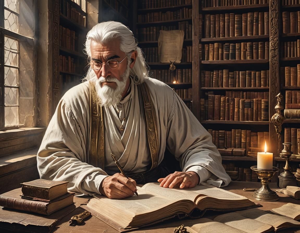 The old white haired scholar sat at his desk in the Ancient Alexandrian library.