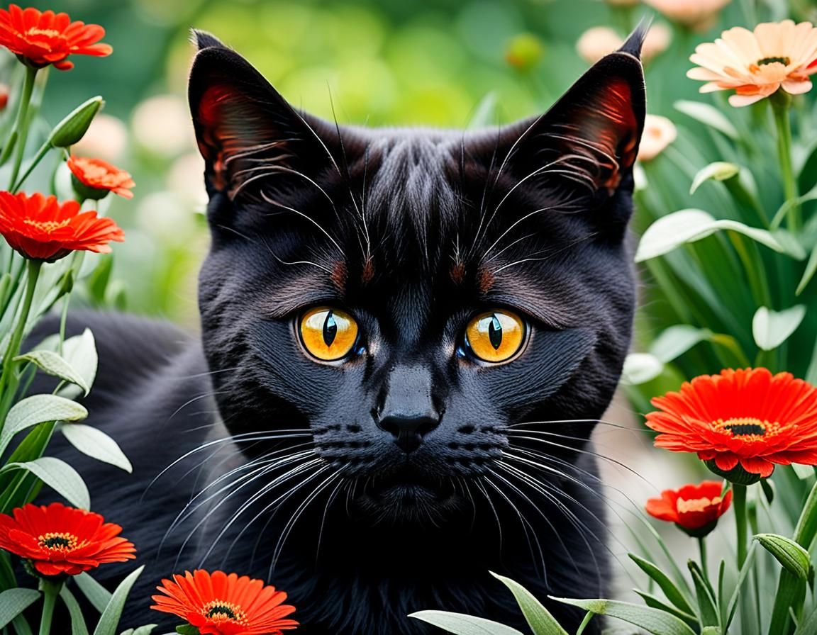 Eine wunderschöne schwarze Katze (Britisch Kurzhaar mit kupf...