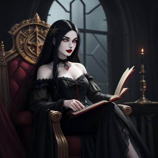 Regal sereine female vampire with long black hair, red lips,...