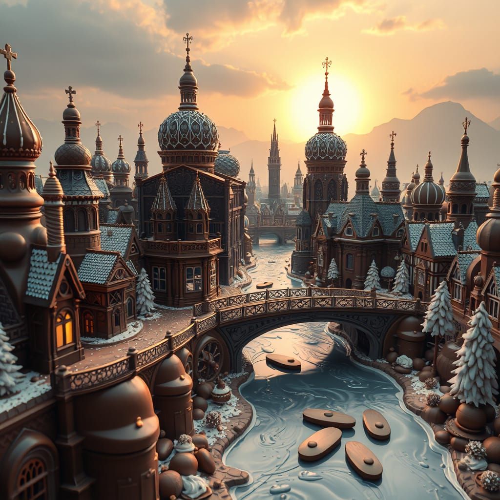 A 3D-rendered digital image of a beautiful city made entirely of chocolate. The buildings are crafted ...  by @Ai Artist Naran