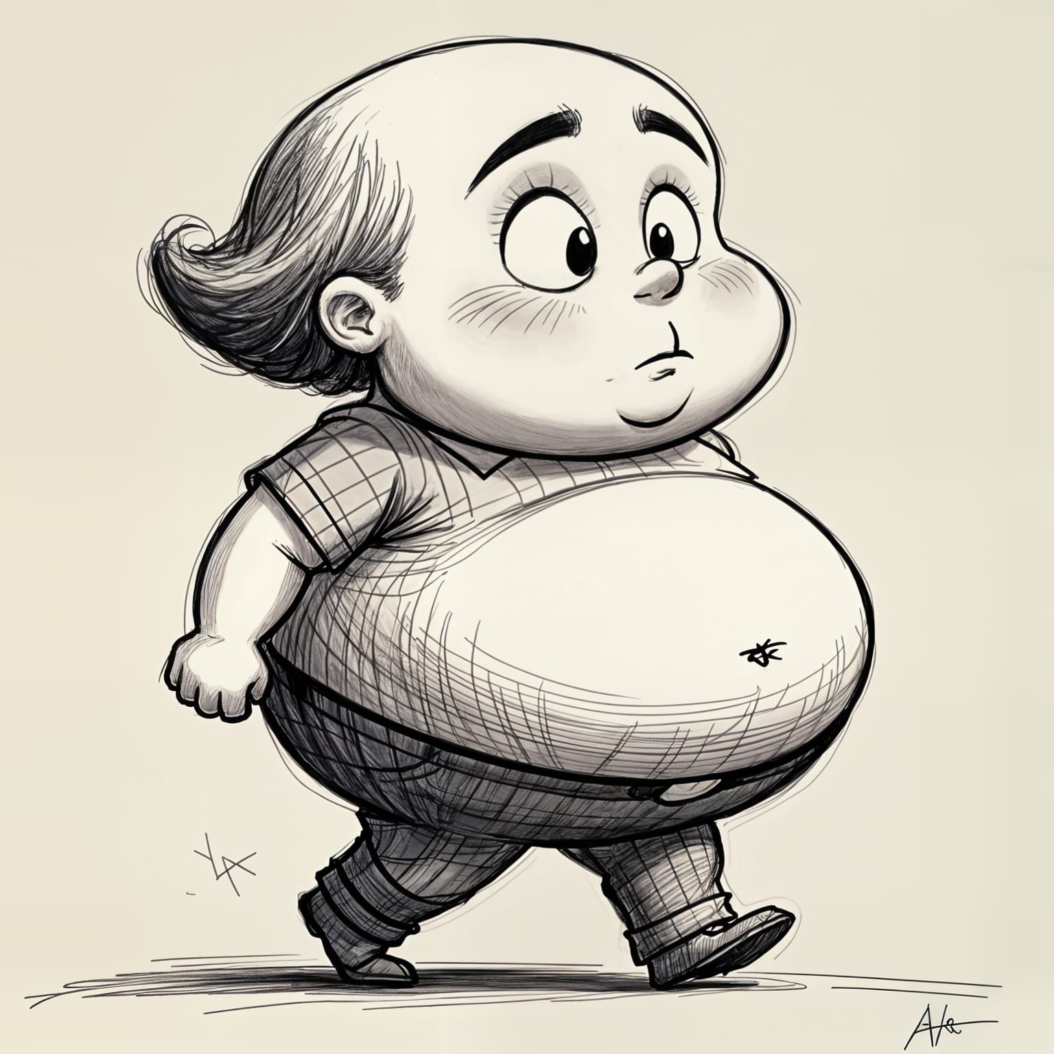I want to draw a person with a big head short hair and a forehead like cartoon, and the way the stomach is big should look like in a pencil ...