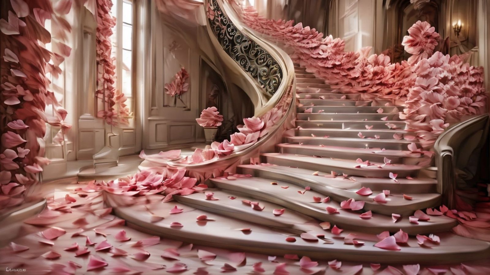exquisite staircase; rose petals