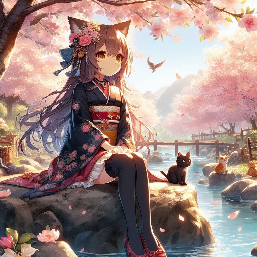 Cat girl enjoys the river by artist DOOFY