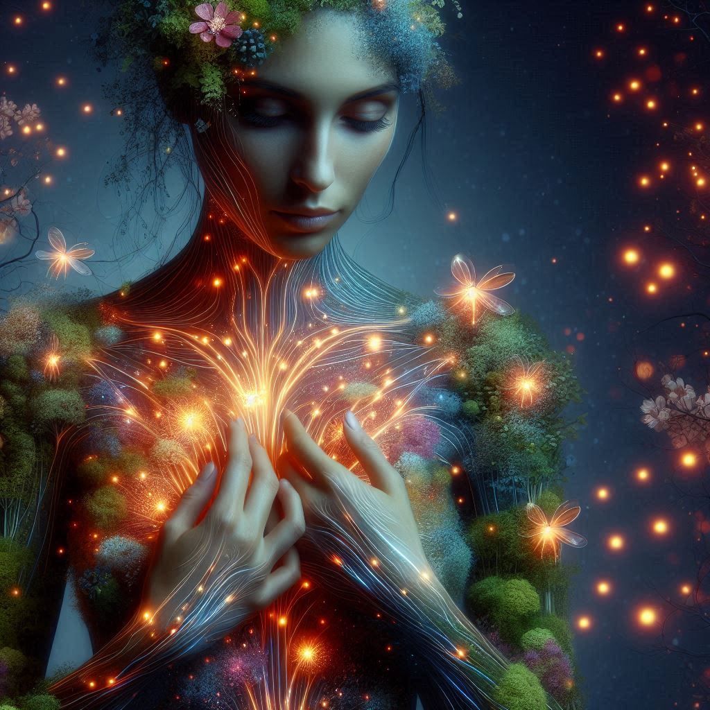 woman is a landscape of interconnected ecosystems, with miniature glowing fireflies inhabiting her form and luminescent ...