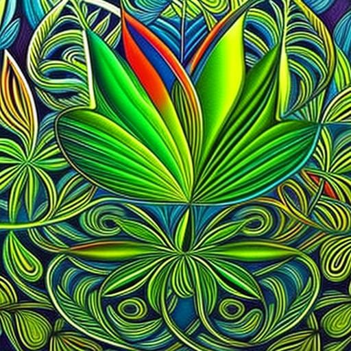 "digital art gaelic cannabis leafy folkart, by octavio ocamp...