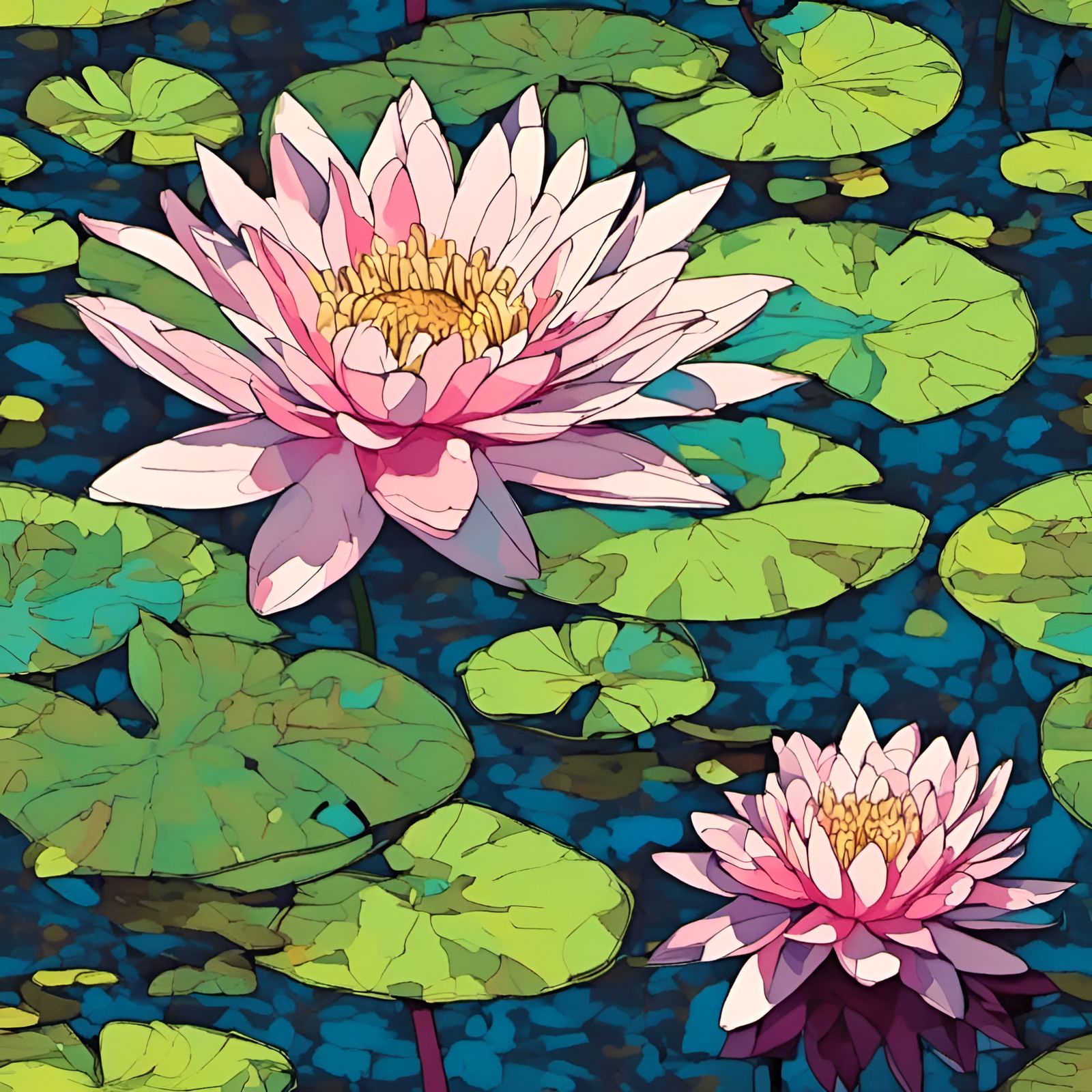 water lilies, pond landscape, <lora:DoodleTrace:1.0>