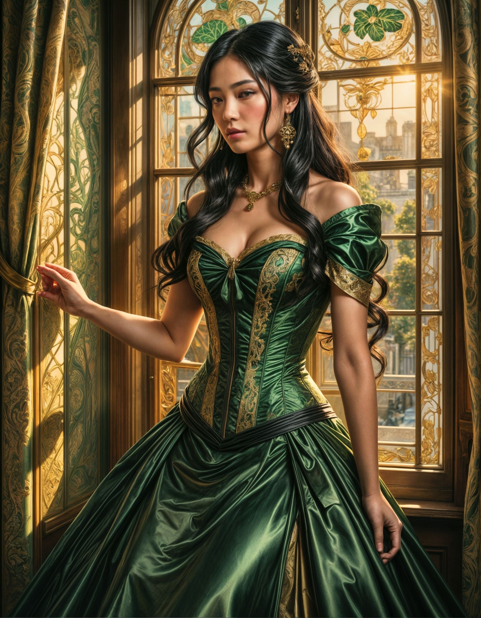 Asian Woman in emerald green dress, golden lighting