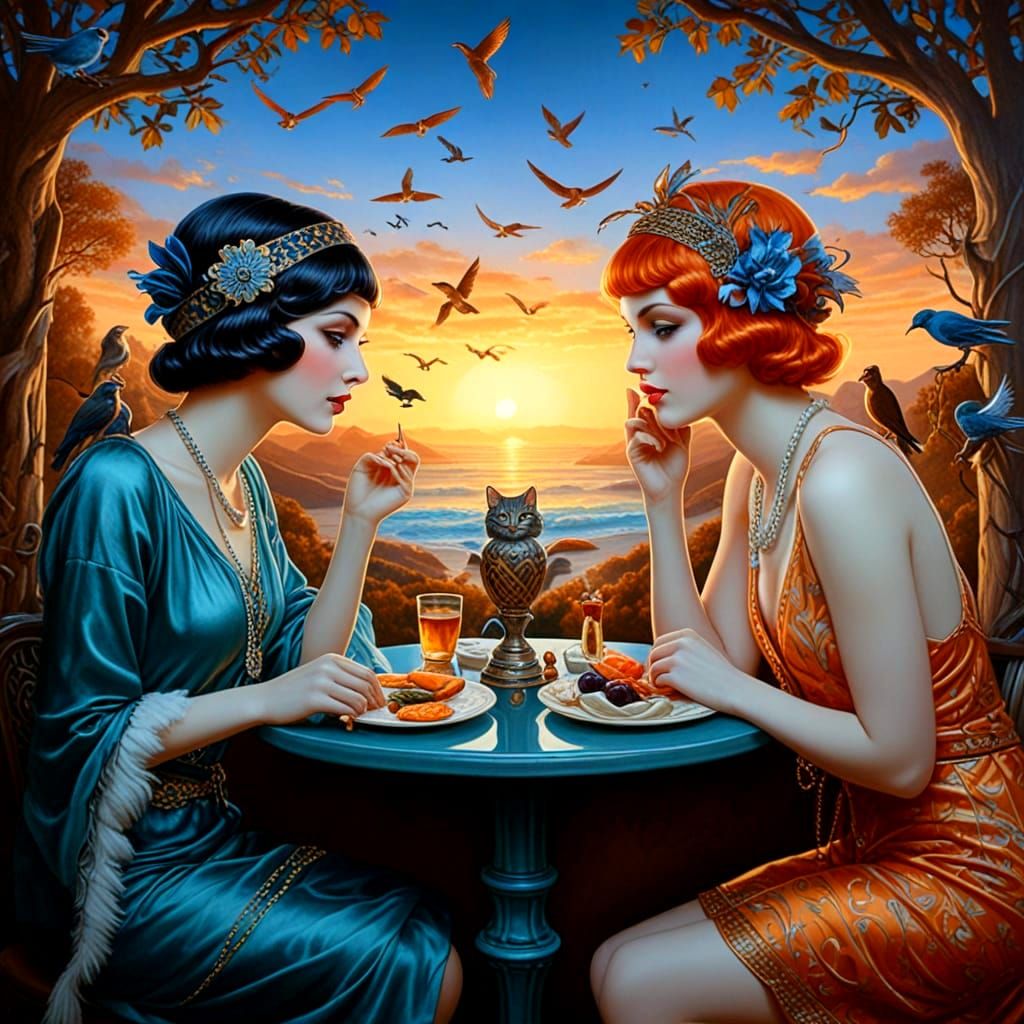 Vibrant 1920s Flapper Portraits with Whimsical Pets