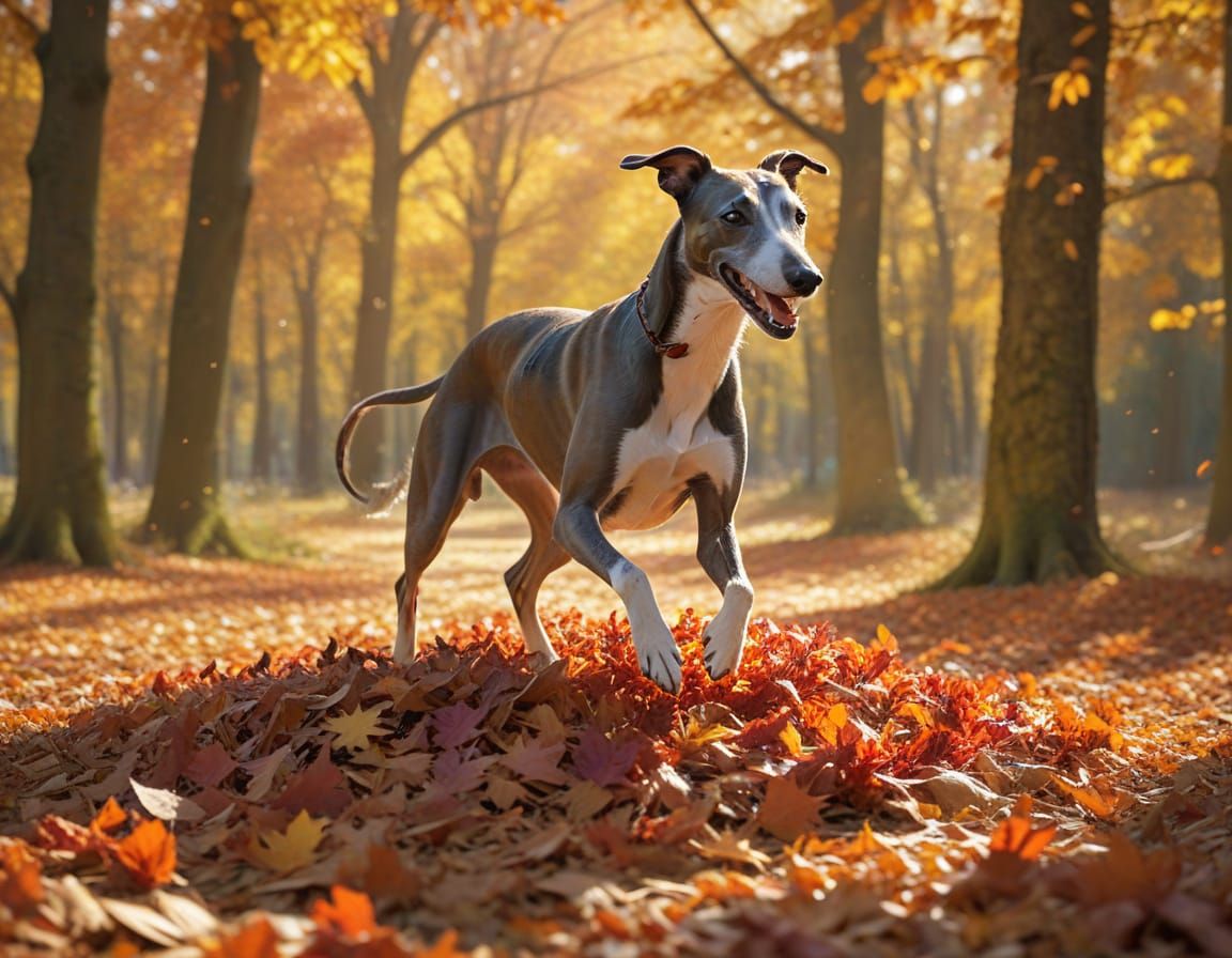 A young muscular racing greyhound joyfully dashing into a massive pile of vibrant autumn leaves in a ...  by @Storyteller DC
