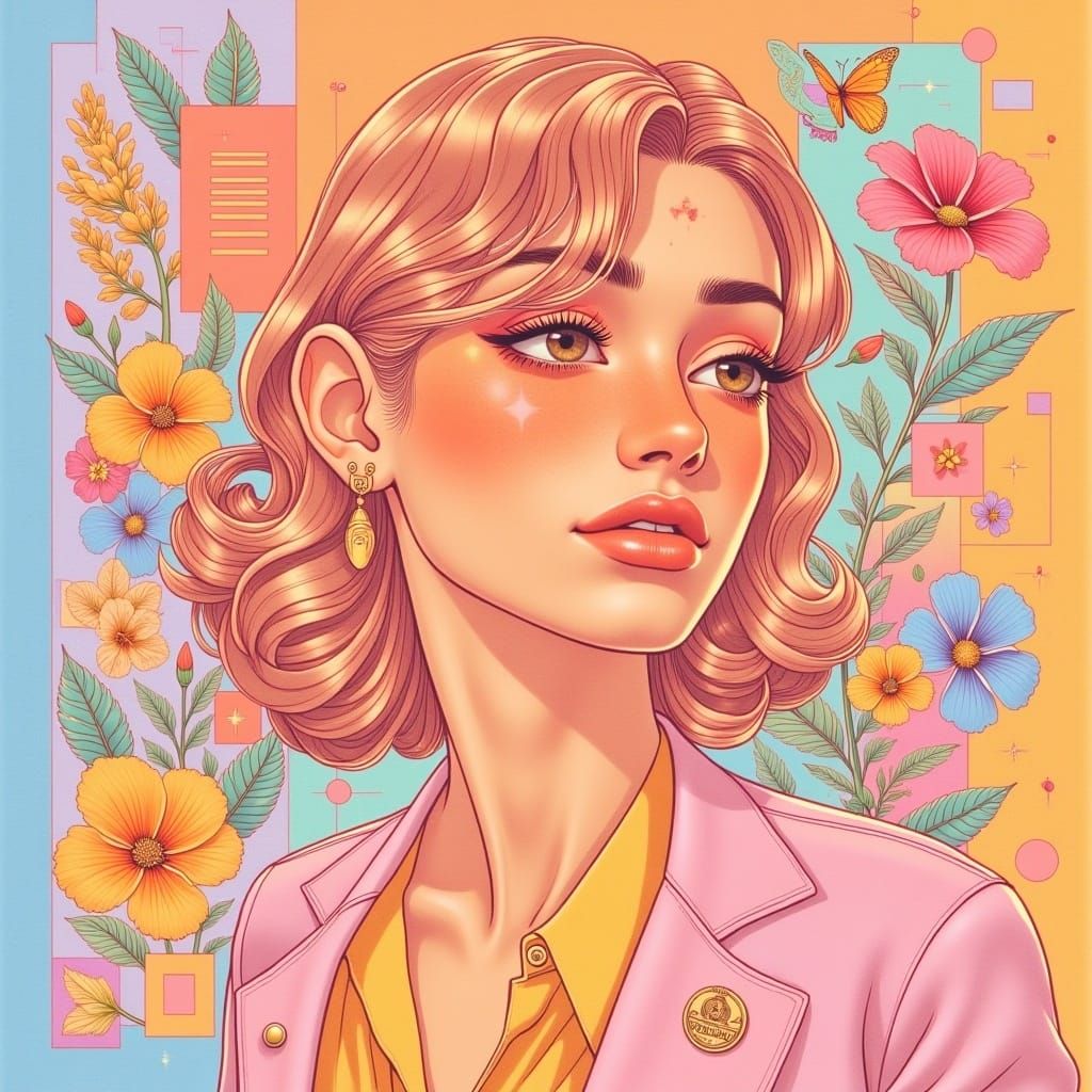 <lora:LightPeachVapor:1.0> portrait; peach colors; pastel pink orange blue lavender yellow; low contrast; low blackpoint; collage; funky; f...