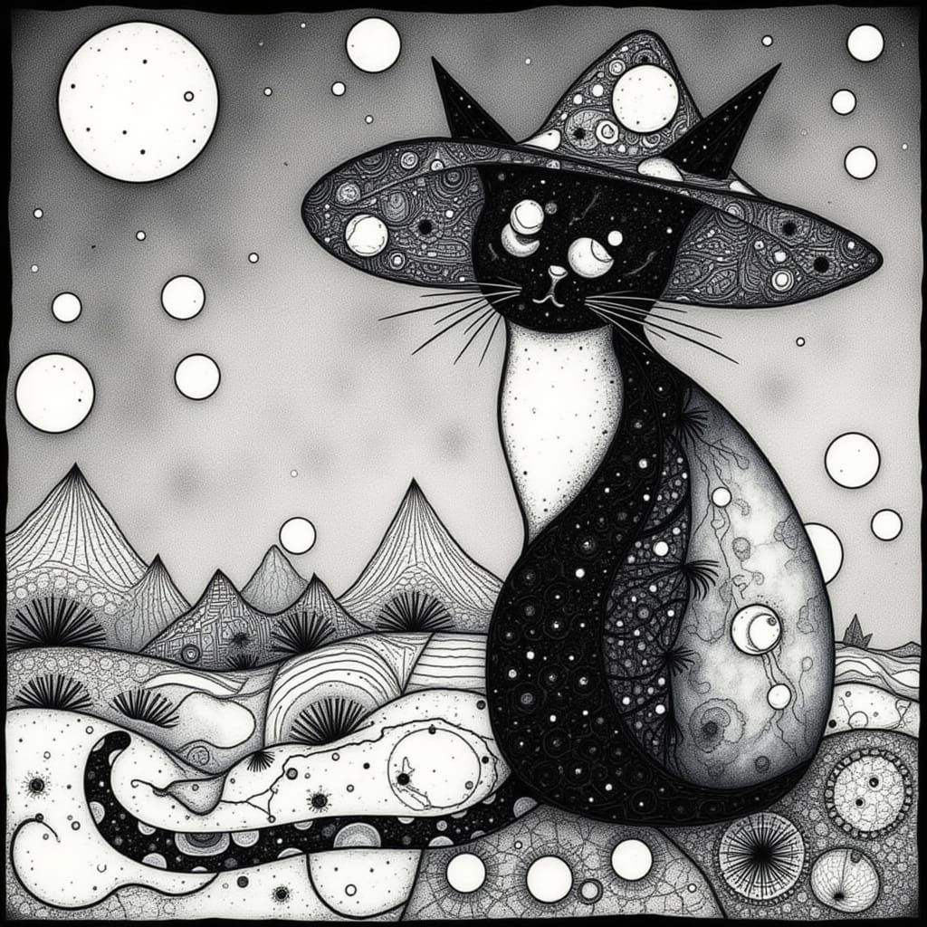 <lora:Black And White 3:1.0>  A black and white zentangle cat wearing a zentangle hat, sitting in a surreal, celestial landscape. The cat is...