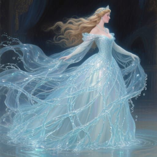 a gorgeous  princess with open long hair wearing A flowing ballroom gown, its fabric woven from thousands of delicate, interconnected stream...