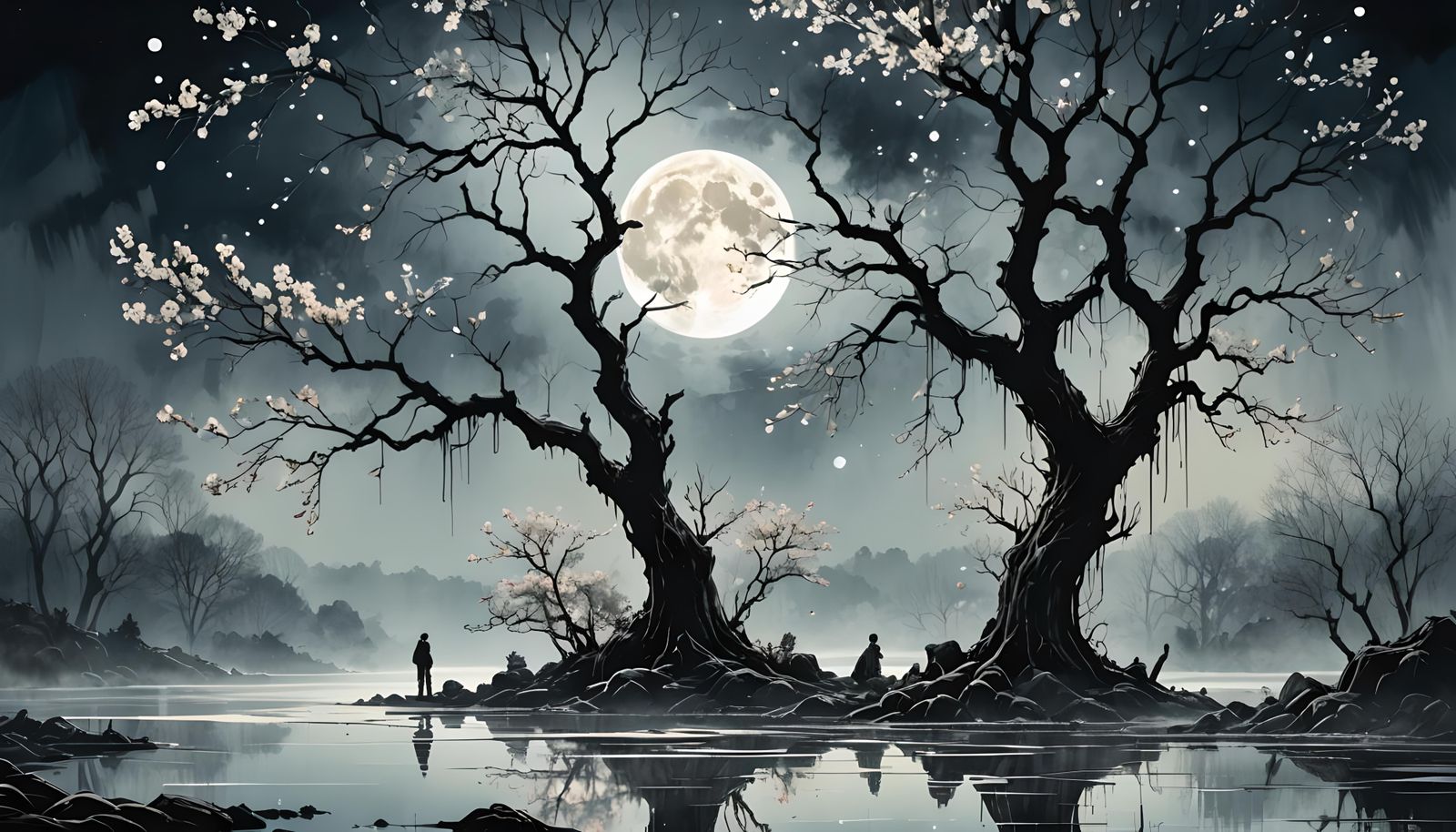 A thick fog over a lake, bright full moon shining casting wh...