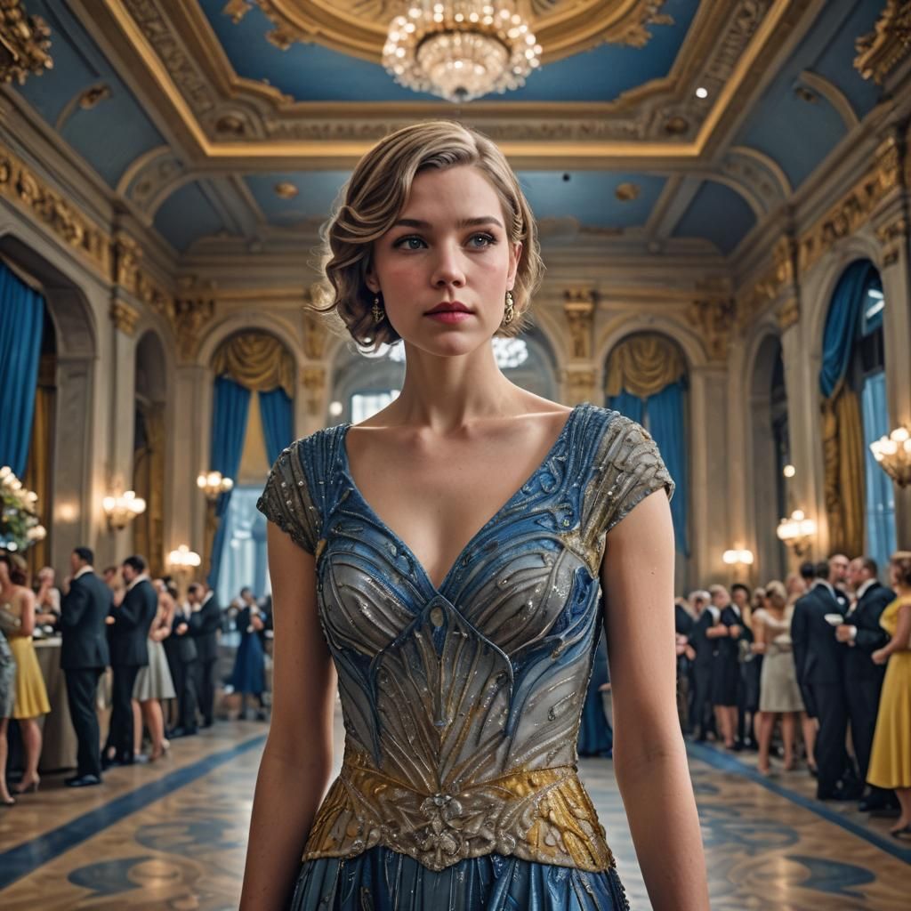 She wears an evening gown with a cowl neckline and cap sleev...