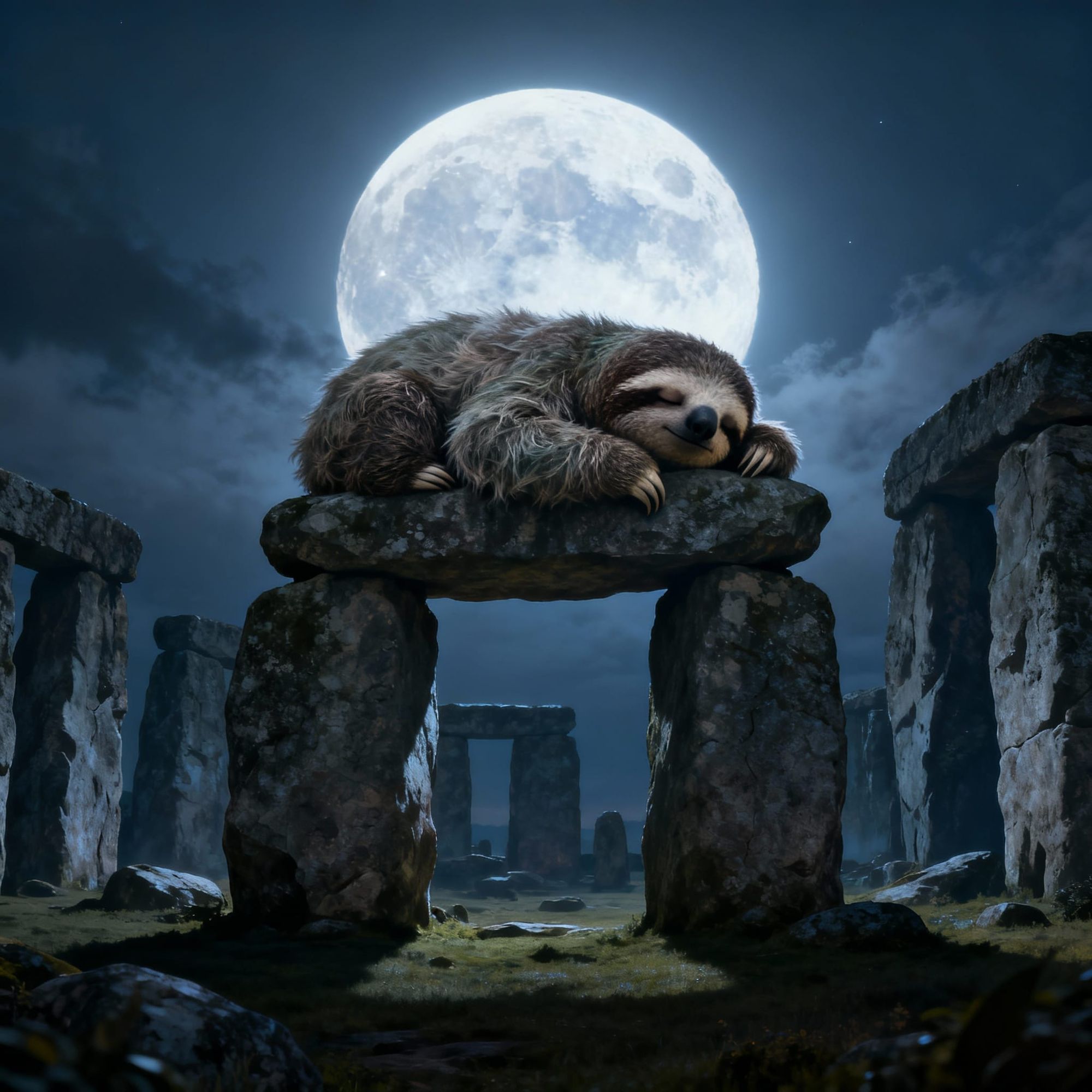The giant sloth naps at Stone Henge