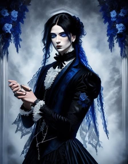 <lora:Goth fashion 2:1.0> Extremely detailed portrait of a goth man in a blue lace gown in a gothic black interior, detailed intricate reali...