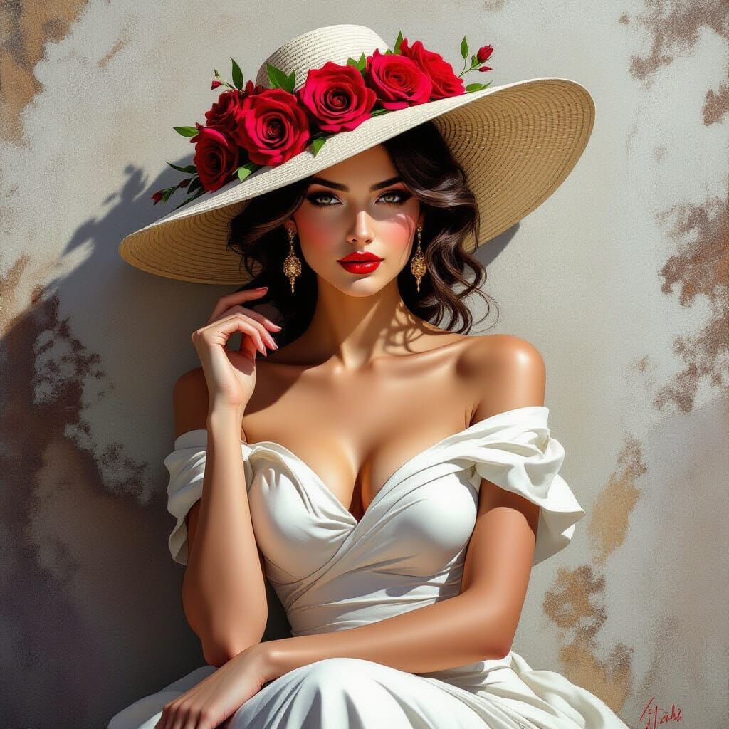 A striking woman in a white dress poses elegantly, adorned with a wide-brimmed hat decorated with red ...  by @Kellys AI Kreations