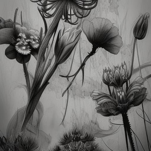 black and white ink sketch of delicate wild flowers