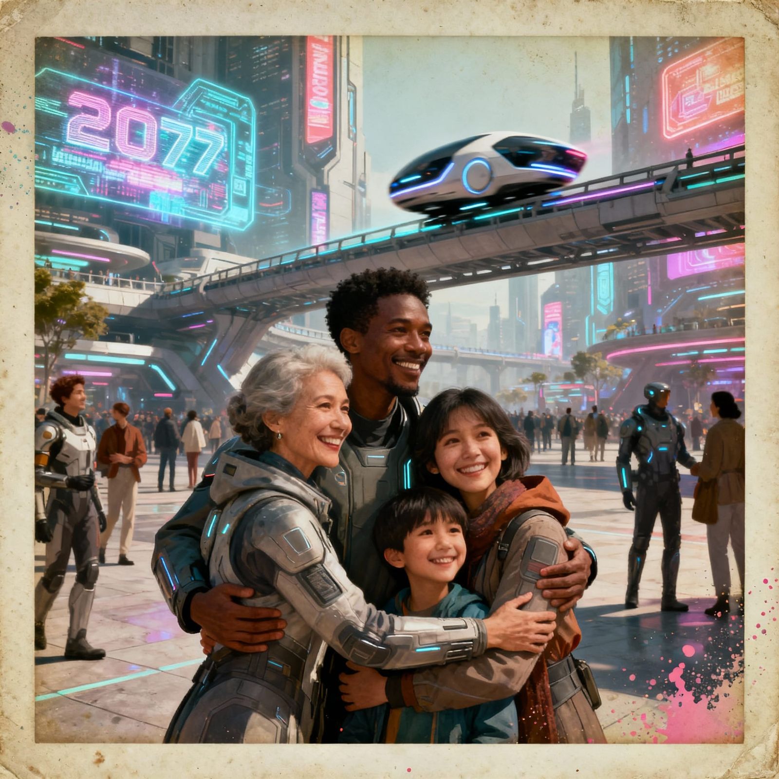 Daily Challenge #1100: Future Memories – Seedream 4.0 Challenge, Family Reunion Photo in 2077  by @Mystienight