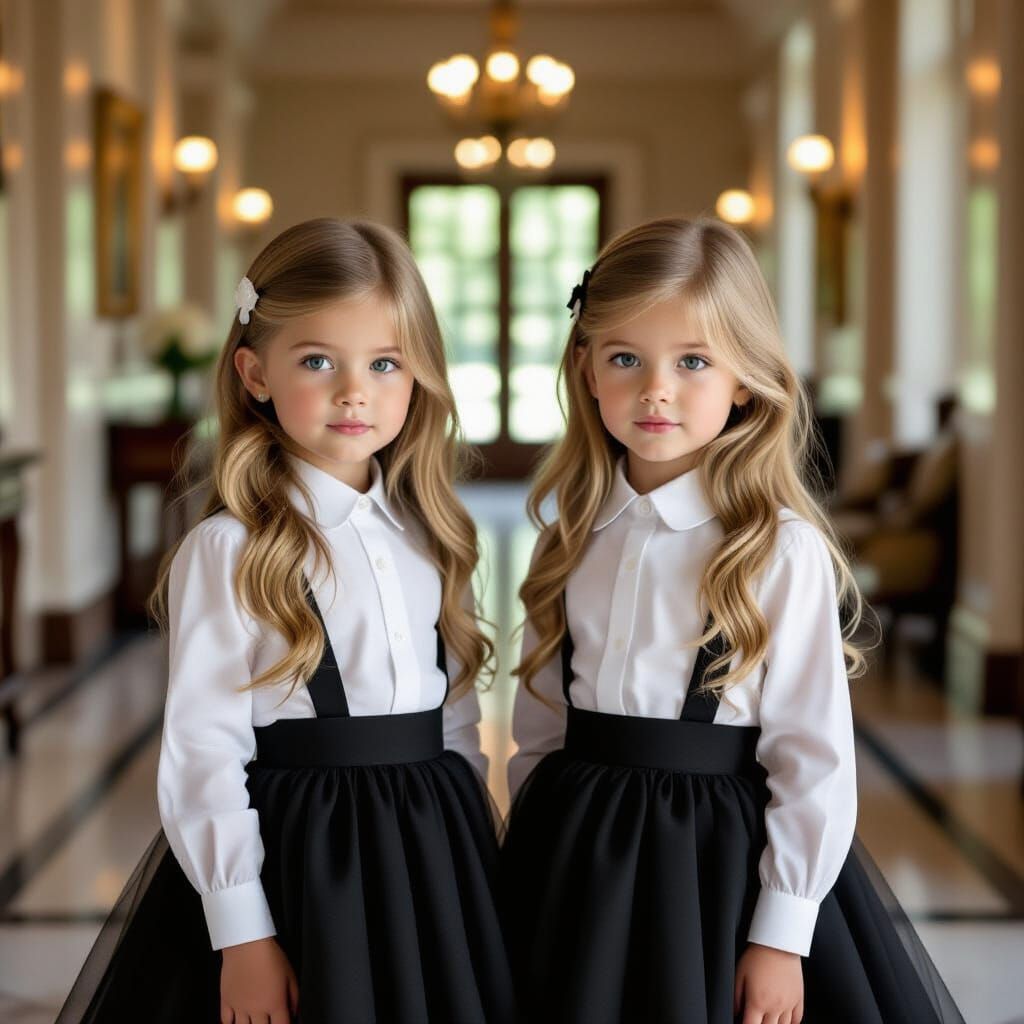 Identical Twin Girls in Tulle Skirts at Hall Entrance