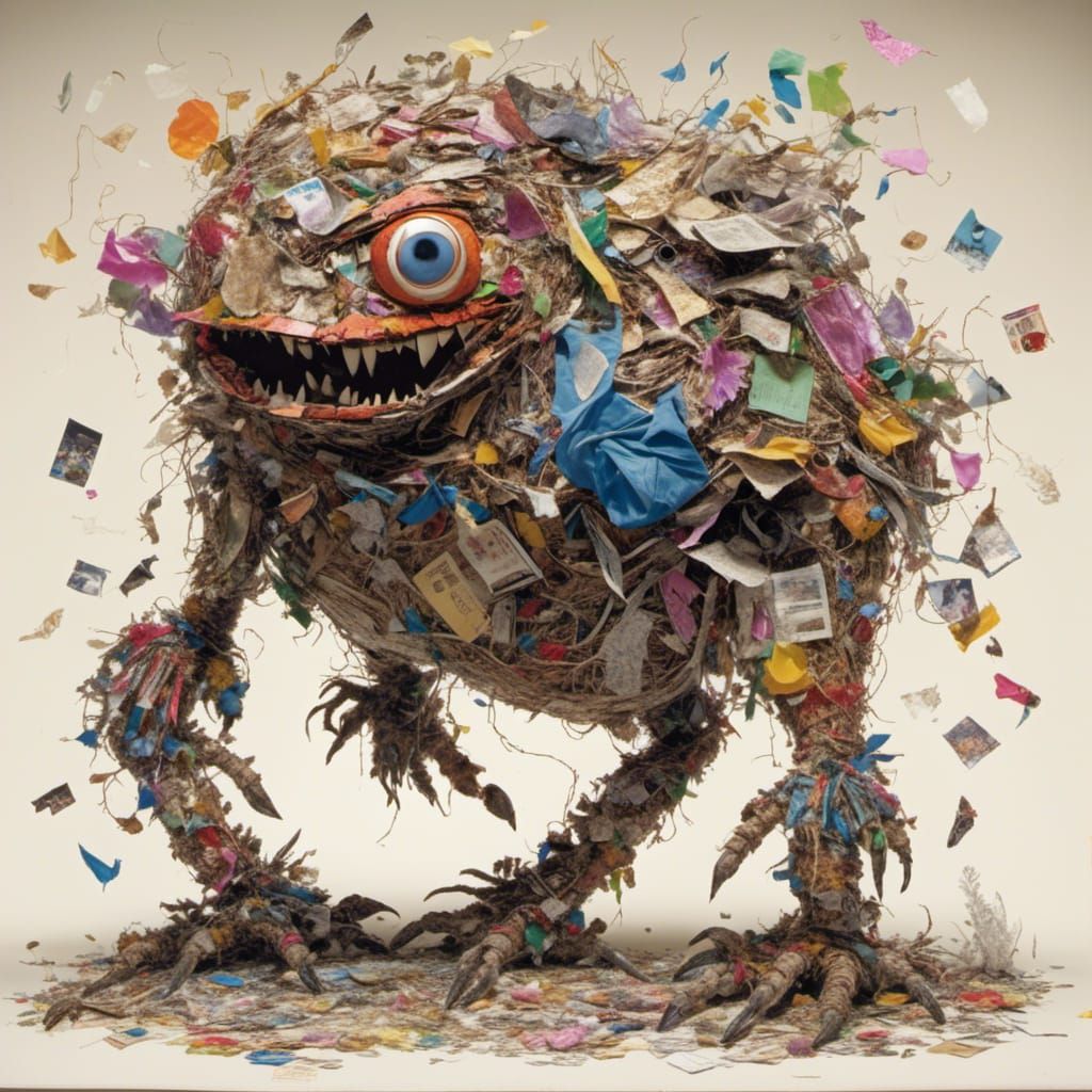 <lora:BBOX Litter Critter:1.0> focus on a creature made entirely of litter.

style of keith haring
goofy eyes

hulking shapes, these twisted...