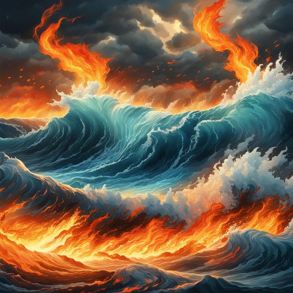 Elemental Collision: Water and Fire Fantasy Artwork