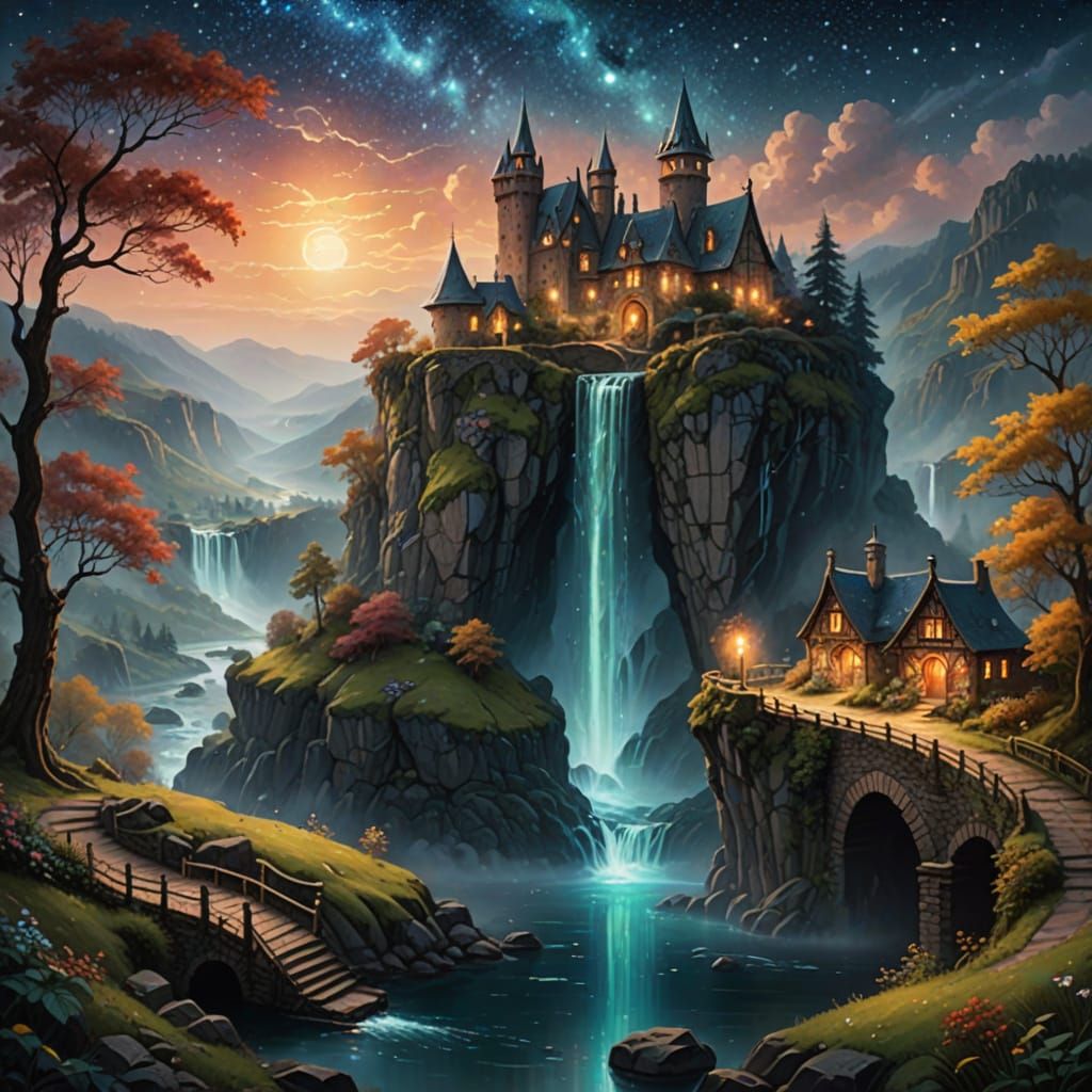 "An epic fantasy landscape with multiple levels and mystical atmosphere. In the foreground, a dramatic cliff edge with cascading waterfalls ...