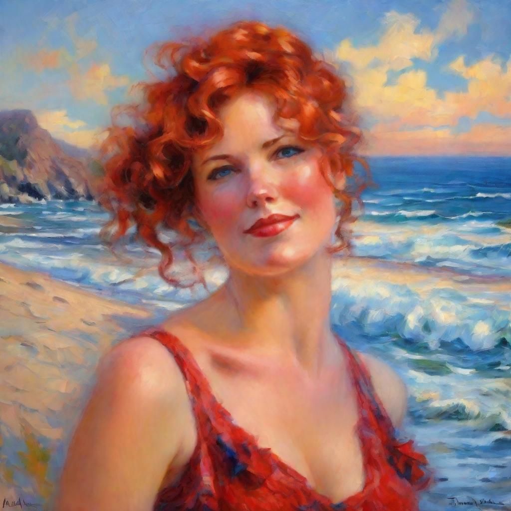 beautiful red haired woman w/deep blue eyes, hair in an updo, and peachy red colored ruffled top on the beach w/the ocean in the background...