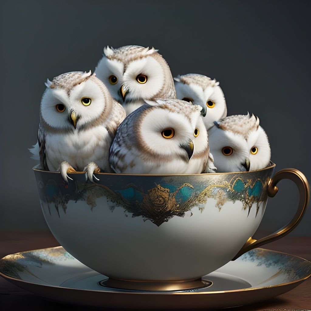 A flock of fluffy baby owls in teacups, classical oil painti...