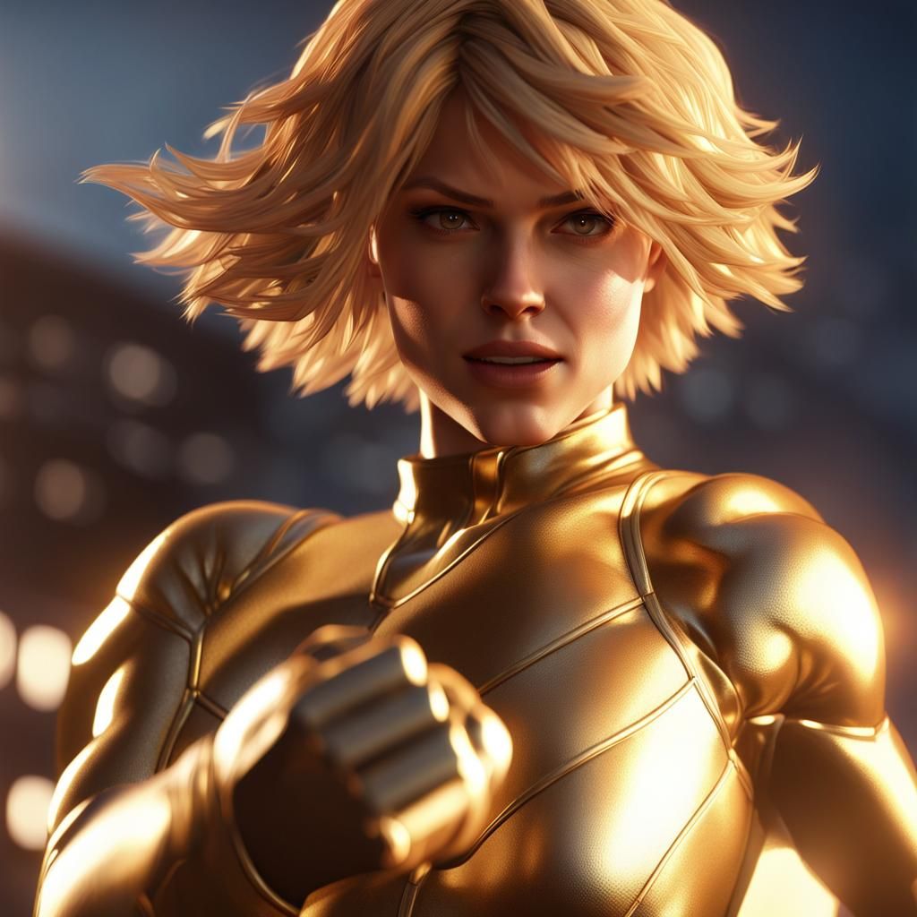 Cybergirl with short shaggy blonde hair in action.  photorealistic 3ds Max