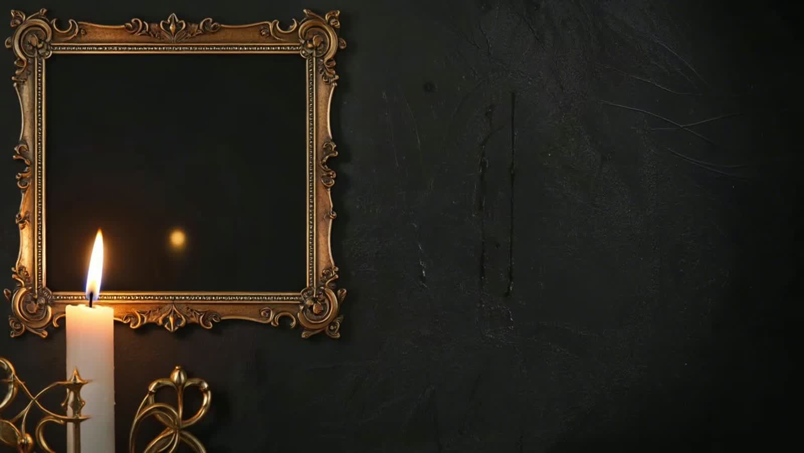 A luxurious black background video with a square on one side measuring 20 cm with an old-style frame and in the corner o...