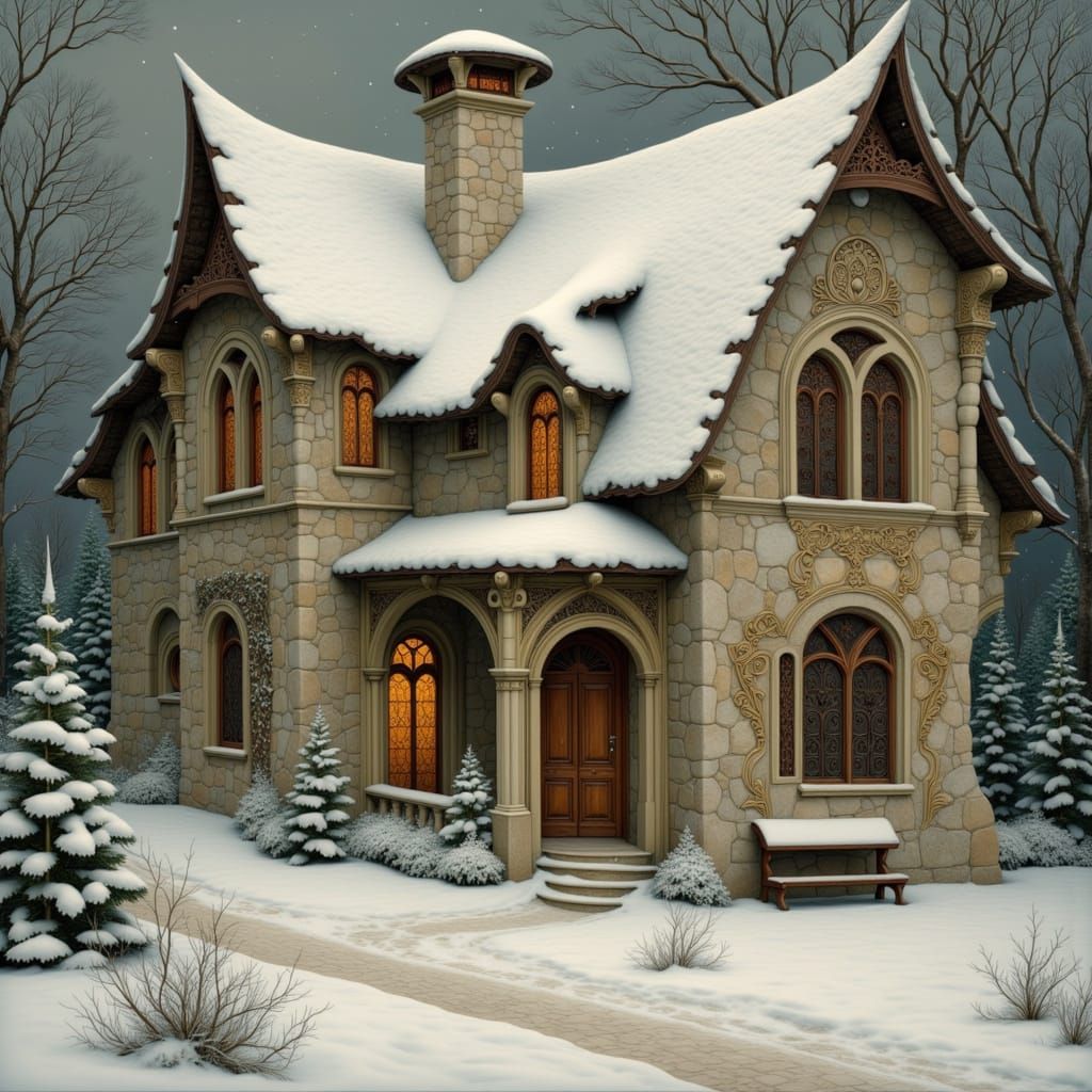 Enchanting Art Nouveau Cottage in Heavy Snowfall