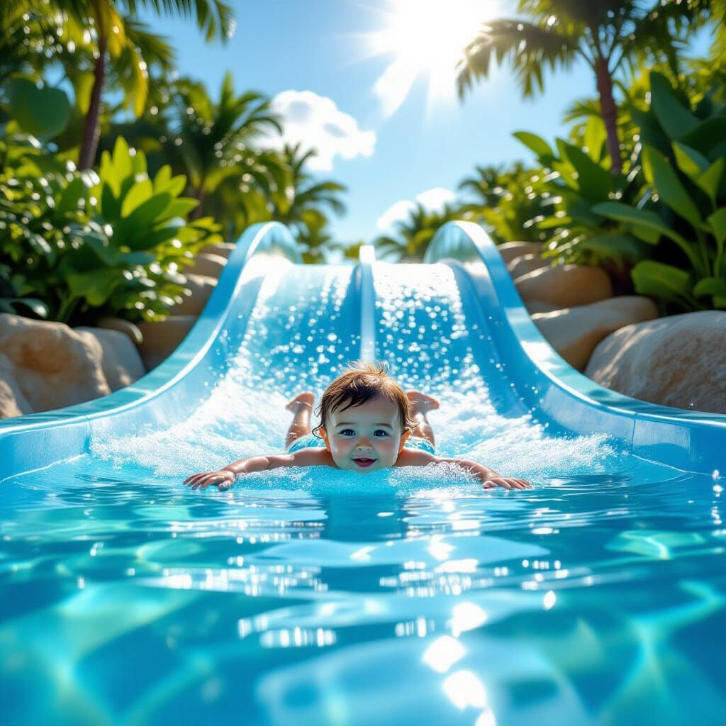 Baby Gleefully Slides Down Water Slide