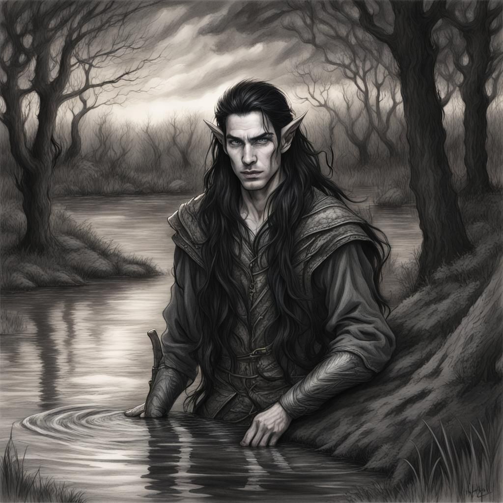 Male elf, pointy ears, long flowing black hair, amber eyes, fair features. Swimming,  stormy woodland background, restin...