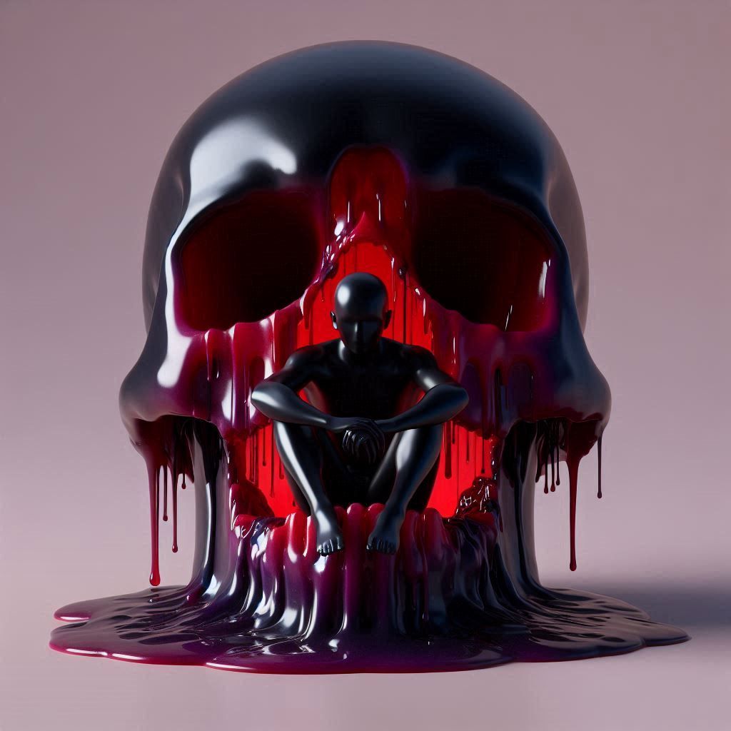 Humanoid Sitting inside dark broken jelly melting skull