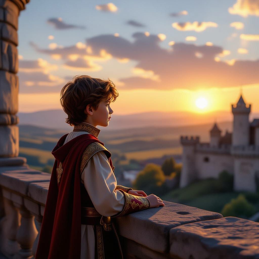 Young Prince Contemplates Kingdom at Sunset