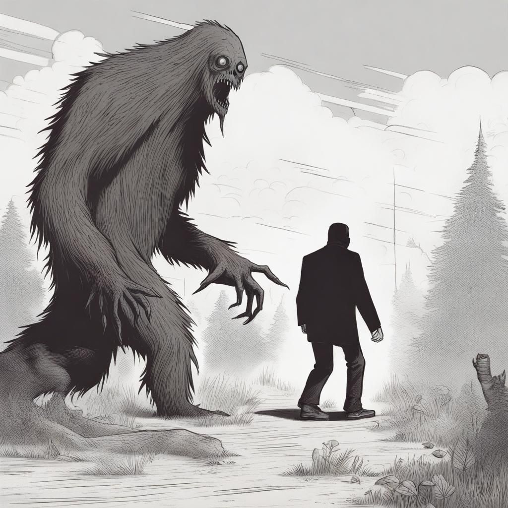 a cryptid stalking an injured man - AI Generated Artwork - NightCafe ...