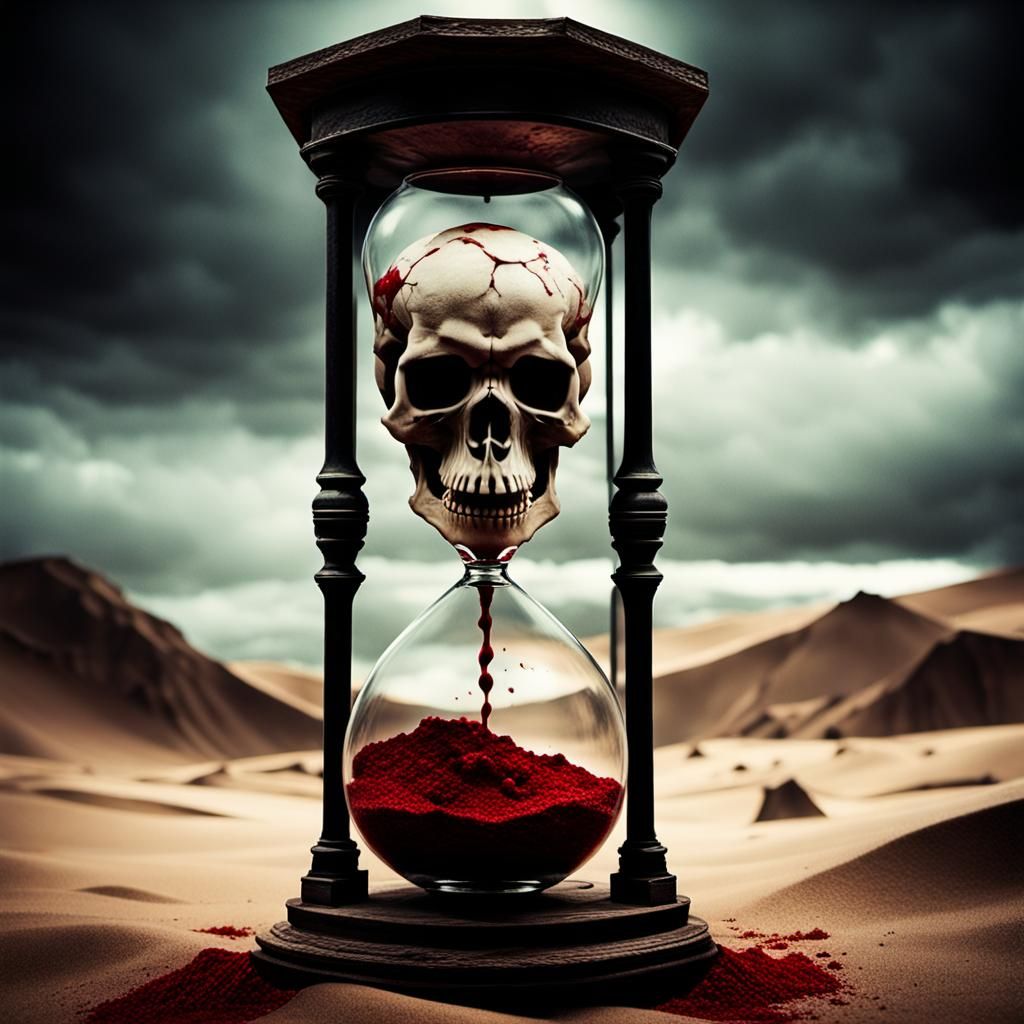 Gothic hourglass with a skull inside it. Blood instead of sand falls through the hourglass Cinematic film still, shot on...