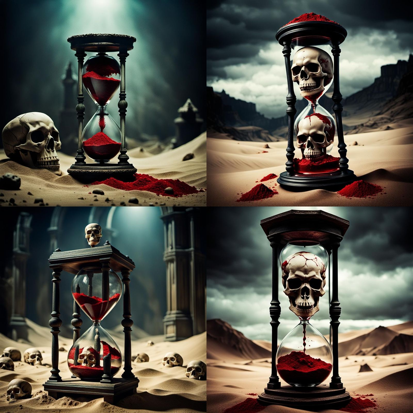 Gothic hourglass with a skull inside it. Blood instead of sand falls ...