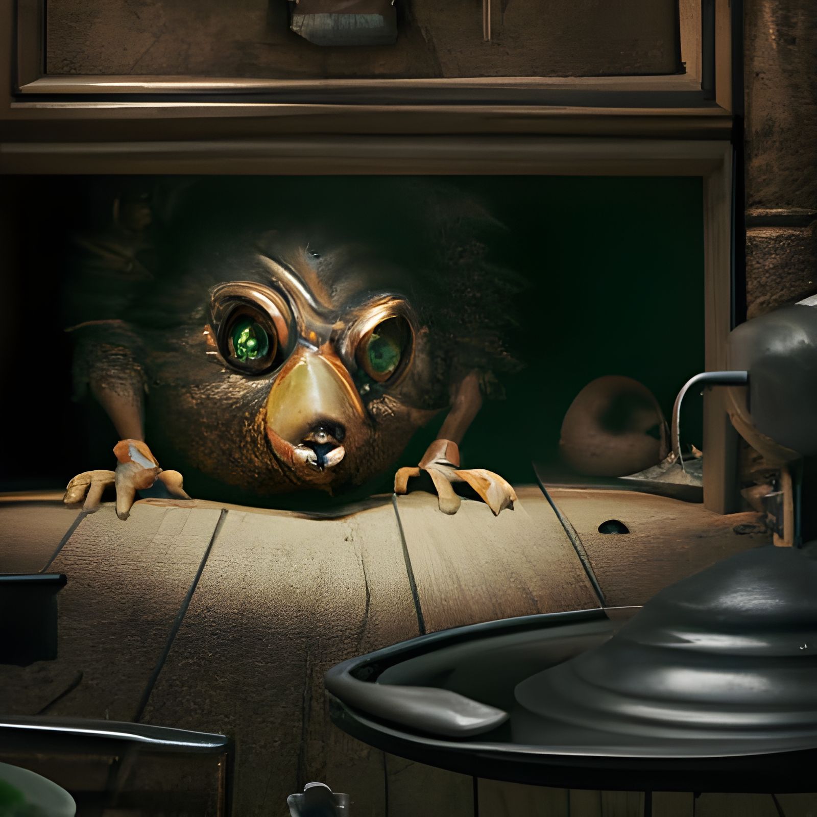 scarry creature looking out of kitchen floor mouse hole