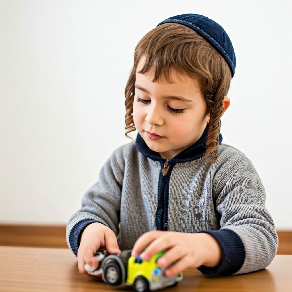A Young Boy in a Jewish Skullcap Cleans a Toy Car with a Smi...