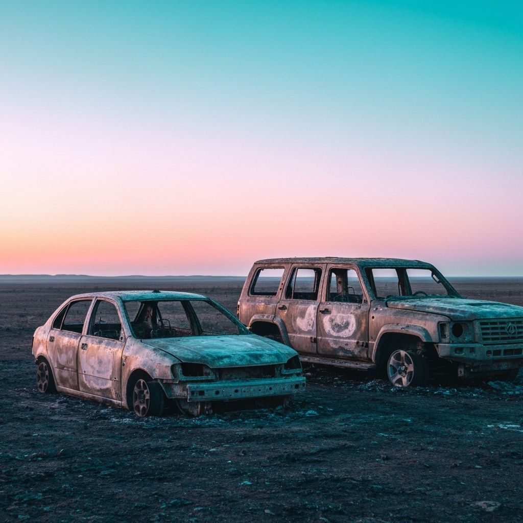 Burnt-Out Cars in Dystopian Landscape