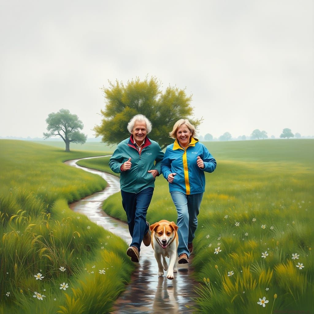 A couple in their sixties are jogging in the countryside in the rain and a light wind. Happy and smiling. Their dog follows them at the same...